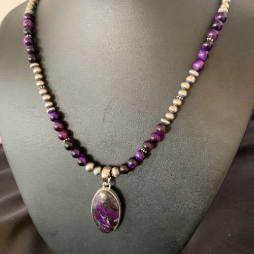 Navajo Pearls Purple Sugilite Onyx Necklace Pendant | Sterling Silver | Authentic Native American Handmade | 13392