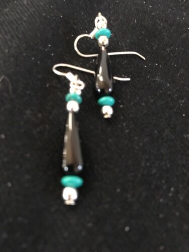 Navajo Black Onyx Turquoise Bead Dangle Earrings | Sterling Silver | Authentic Native American Handmade | 13455