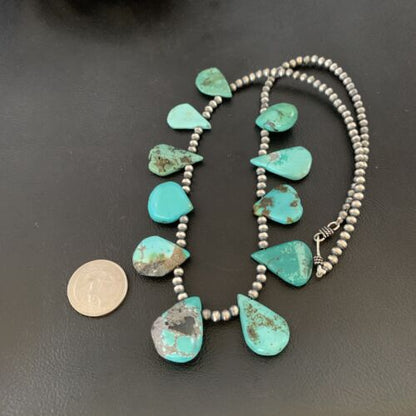 Southwestern Navajo Pearls Necklace | Sterling Silver Blue Turquoise Teardrop | 13149