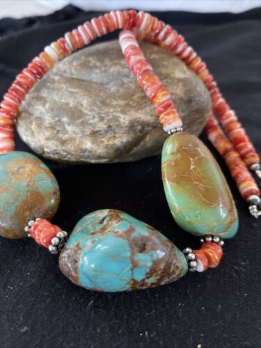 Chunky Turquoise and Red Spiny Oyster Necklace | Navajo Pearls | Sterling Silver | 22" | Native American Handmade | 1238