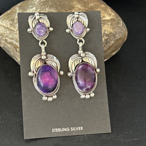 Navajo Purple Sugilite Dangle Earrings | Sterling Silver | 2" | Authentic Native American Handmade | 14405