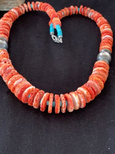Red Spiny Oyster & Blue Turquoise Graduated Necklace | Sterling Silver | Authentic Native American | 25" | 13712
