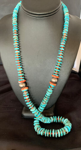 Navajo Natural Turquoise & Spiny Oyster Necklace | Sterling Silver | Authentic Native American | 32" | 13248