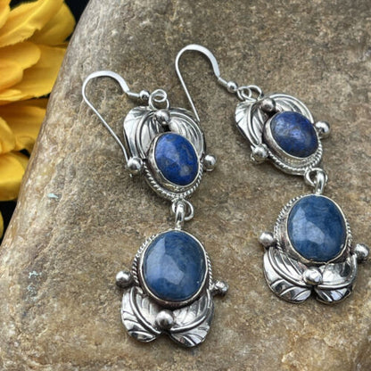 Southwestern Navajo Denim Lapis Dangle Earrings | Sterling Silver | 2" | 01796
