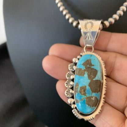 Navajo Pearls Necklace with Blue Kingman Turquoise Pendant | Sterling Silver | Authentic Native American Handmade | 10766
