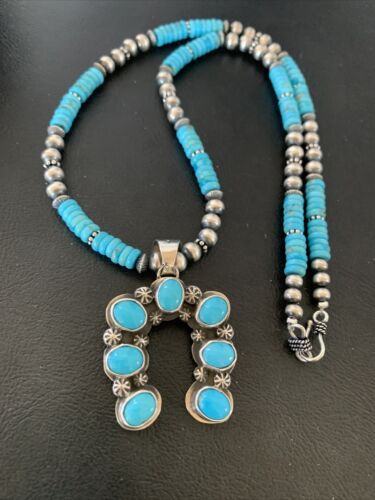 Navajo Blue Turquoise Necklace with Sterling Silver Naja Pendant | Authentic Native American Handmade | 02017