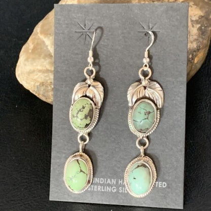 Navajo Green Spiderweb Turquoise Dangle Earrings | Sterling Silver | Authentic Native American Handmade | 13554