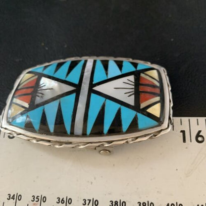 Zuni Bolo Tie Belt Buckle Ranger Set | Turquoise Mother of Pearl Coral | Sterling Silver | Native American Handmade | 14123