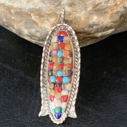 Zuni Corn Coral Mother of Pearl Turquoise Inlay Pendant | Sterling Silver | 1.75" | 13689