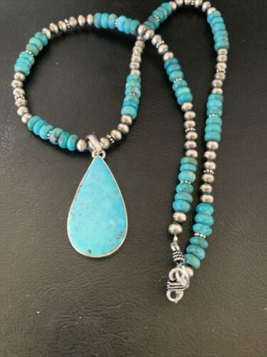 Navajo Pearl Necklace with Blue Kingman Turquoise Pendant | Sterling Silver | 11690