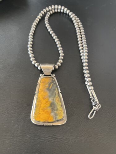Men's Navajo Pearls Necklace with Bumblebee Jasper Pendant | Sterling Silver | Native American Handmade | 10554
