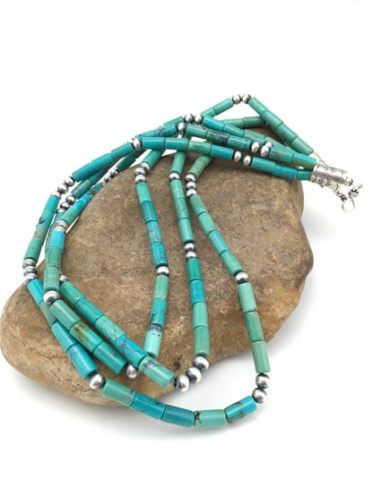 Navajo Turquoise Tube Bead Necklace | 3 Strand | Sterling Silver | 22" | Authentic Native American Handmade | 4790