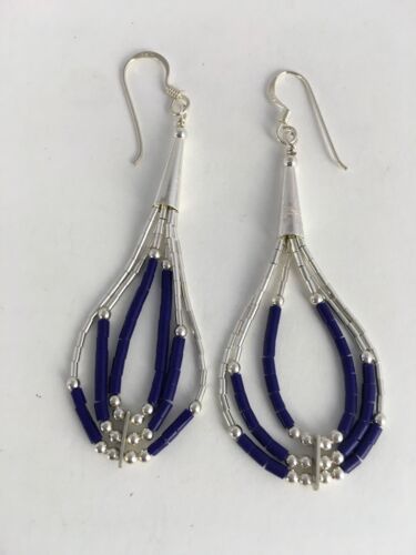 Navajo Lapis Lazuli Heishi Tube Dangle Earrings | Sterling Silver | 2" | 8876