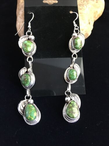 Navajo Green Sonoran Gold Turquoise 3" Dangle Earrings | Sterling Silver | Authentic Native American Handmade | 1732