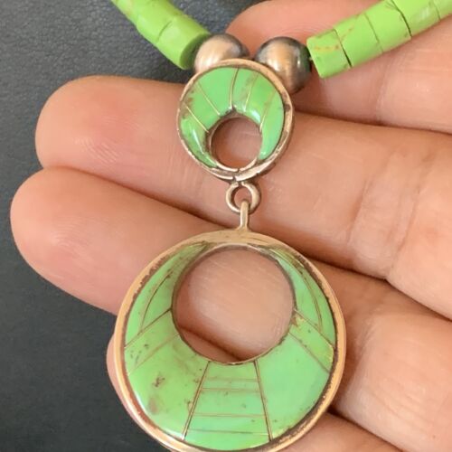 Navajo Green Gaspeite Turquoise Inlay Pendant | Sterling Silver | Authentic Native American Handmade | 12285