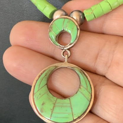Navajo Green Gaspeite Turquoise Inlay Pendant | Sterling Silver | Authentic Native American Handmade | 12285