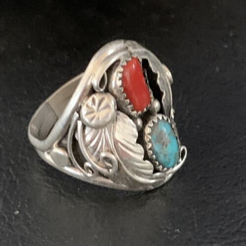 Navajo Kingman Turquoise Coral Ring | Authentic Native American Sterling Silver | Multi-Stone | Sz 11 | 14128