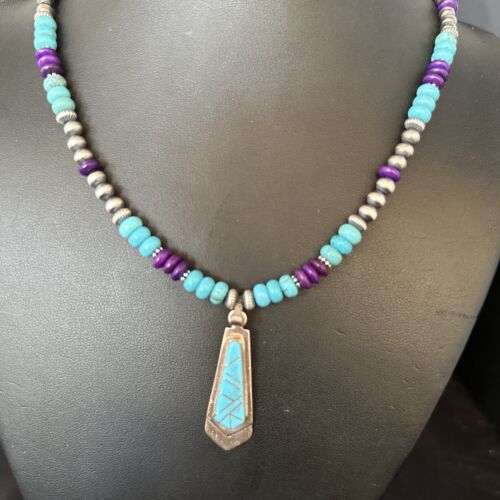 Navajo Blue Turquoise Sugilite Pendant | Sterling Silver Inlay Necklace | Authentic Native American Handmade | 14641