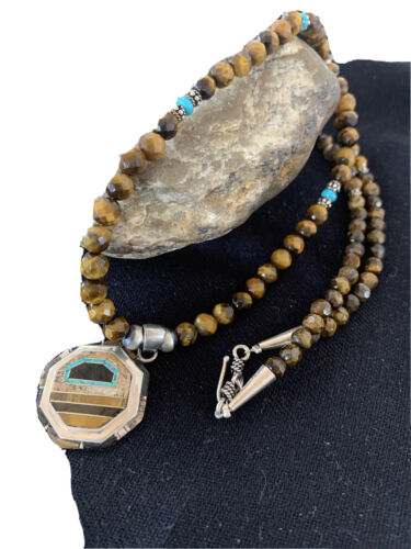 Navajo Tiger's Eye & Spiny Oyster Necklace | Sterling Silver Pearls | 20" | Inlay | Authentic Native American Handmade | 1459