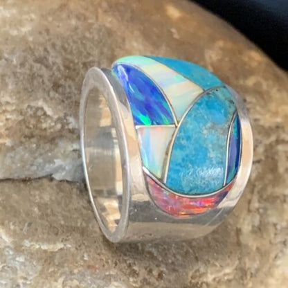 Navajo Blue Turquoise Opal Inlay Men's Pinky Ring | Sz 7 | Sterling Silver Band | 12859