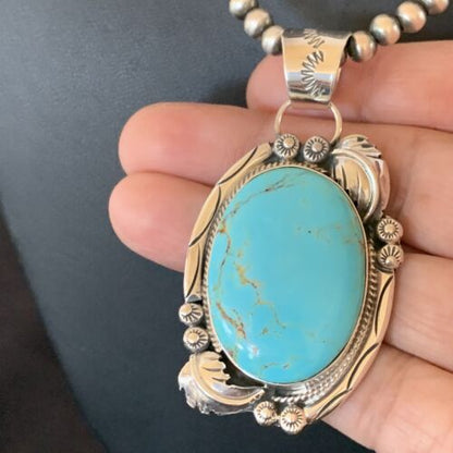 Navajo Pearl Blue Kingman Turquoise Necklace Pendant | Sterling Silver | Authentic Native American Handmade | 12287