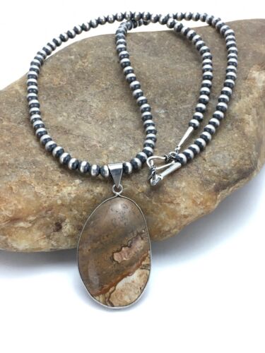 Southwestern Jasper Picture Pendant Necklace | Sterling Silver | 2.25" | Authentic Native American Handmade | 3007