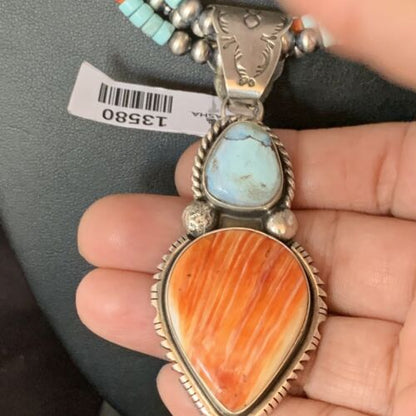 Navajo Dry Creek Turquoise Pendant | Sterling Silver Spiny Necklace | 2.5" | Multi-Strand | 13580 - Masha USA