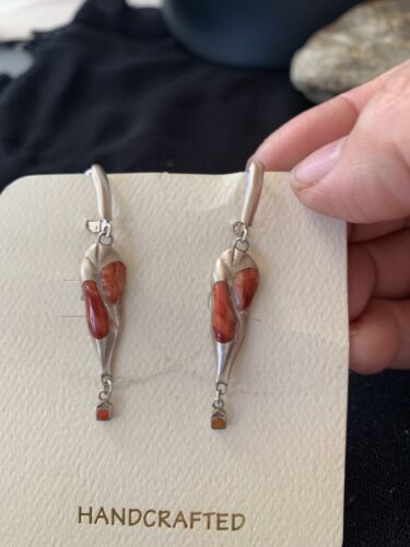 Navajo Red Spiny Oyster Inlay Earrings | Sterling Silver | 2" | Authentic Native American Handmade | 1520