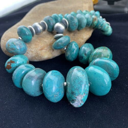 Men's Navajo Pearl Sterling Silver Necklace | Graduated Blue Chunky Turquoise | Authentic Native American | 24" | 01744