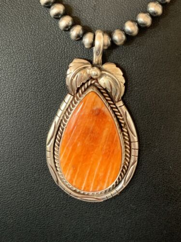 Navajo Orange Spiny Oyster Pendant Necklace | Sterling Silver | Authentic Native American Handmade | 00325