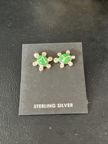 Navajo Turtle Green Turquoise Inlay Earrings | Sterling Silver | Authentic Native American Handmade | 14778