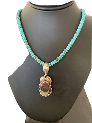 Navajo Blue Turquoise Sterling Silver Necklace | Pyrites Pendant | Southwestern 01393