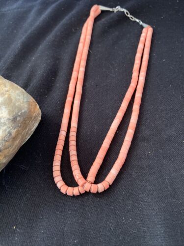 Navajo Pink Coral 2 Strand Heishi Bead Necklace | Sterling Silver Tube | 16" | Authentic Native American | 00758