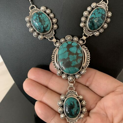 Navajo Lariat Spiderweb Turquoise Pendant Necklace | Sterling Silver | 25" | Authentic Native American Handmade | 01336
