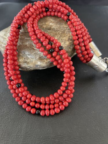 Native American Navajo Red Coral Onyx Necklace | Sterling Silver | 10302