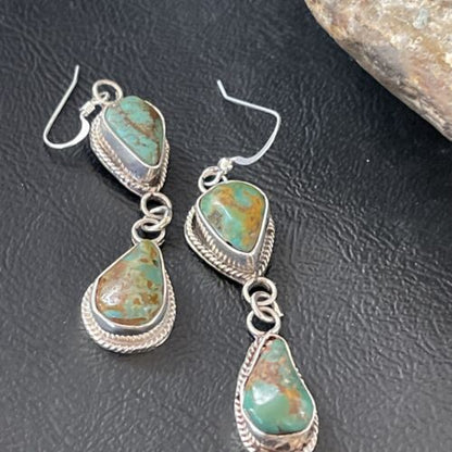 Native American Green Royston Turquoise Dangle Earrings | Navajo Handmade Sterling Silver | 1585