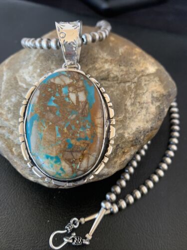 Navajo Pearls Necklace with Blue Royston Turquoise Pendant | Sterling Silver | Authentic Native American Handmade | 10629