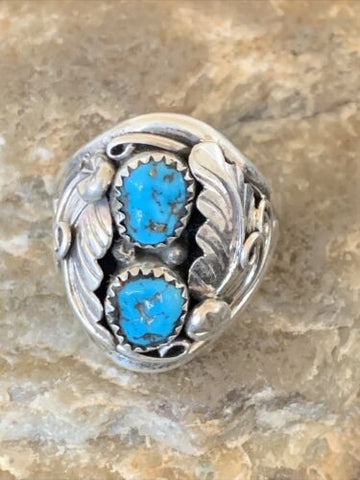 Men's Feather Navajo Sterling Silver 2S Blue Kingman Turquoise Ring 11.5 12222