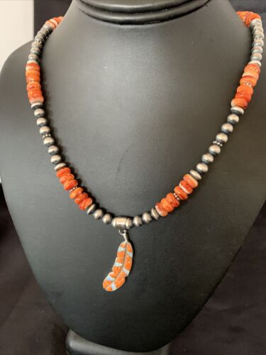 Navajo Pearls Sterling Silver Necklace | Orange Spiny Oyster Inlay Pendant | Authentic Native American Handmade | 11317