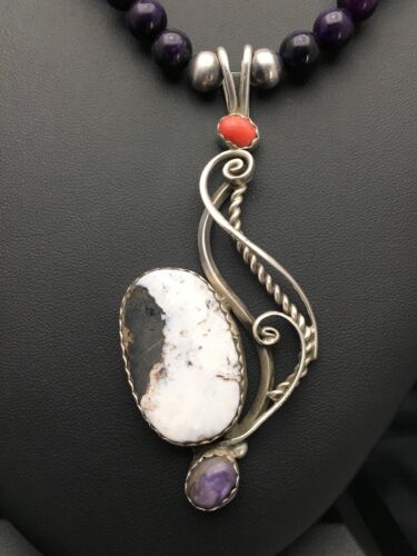 Navajo White Buffalo Sugilite Multi-Stone Pendant Set | Authentic Native American Sterling Silver | 24" | 2816