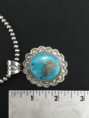 Men's Kingman Turquoise Pendant | Navajo Pearl Sterling Silver Necklace | Authentic Native American Handmade | 4876