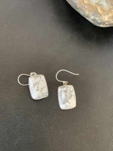 Navajo Sterling Silver White Howlite Black Dangle Rectangle Earrings | 0.75" | 12071