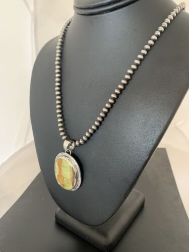 Navajo Green Gaspeite Pendant Necklace | Sterling Silver | Authentic Native American Handmade | 388
