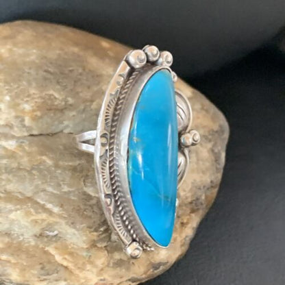 Navajo Blue Kingman Turquoise Ring | Sterling Silver Feather | Sz 9.5 | Authentic Native American Handmade | 10853