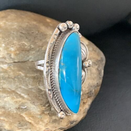 Navajo Blue Kingman Turquoise Ring | Sterling Silver Feather | Sz 9.5 | Authentic Native American Handmade | 10853