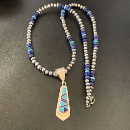 Men's Navajo Pearl Blue Lapis Turquoise Pendant Necklace | Sterling Silver | 21" | 12611