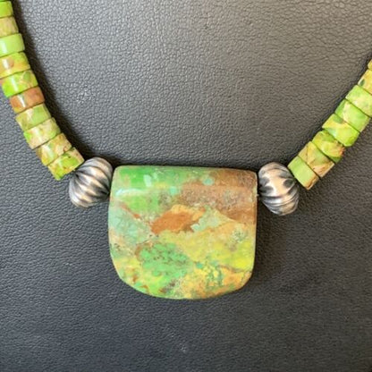 Navajo Green Gaspeite Turquoise Pendant | Sterling Silver | Authentic Native American Handmade | 13900
