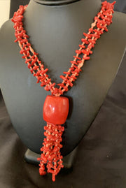 Navajo Red Pink Coral Pendant Necklace | Stainless Steel | 30" | Authentic Native American Handmade | 11711