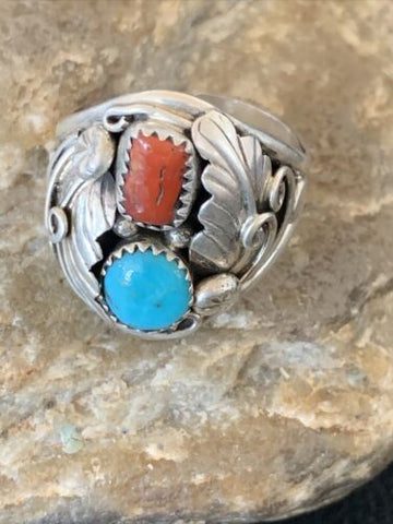 Men's Feather Navajo Sterling Silver Blue Kingman Turquoise Coral Ring 12 12217