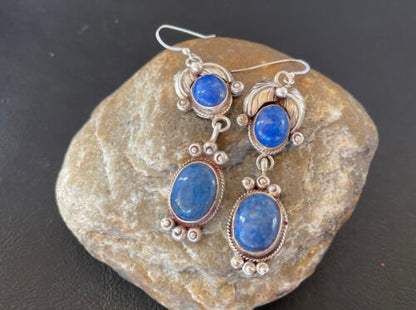 Native American Navajo Denim Lapis Dangle Earrings | Sterling Silver | 2" | 01681